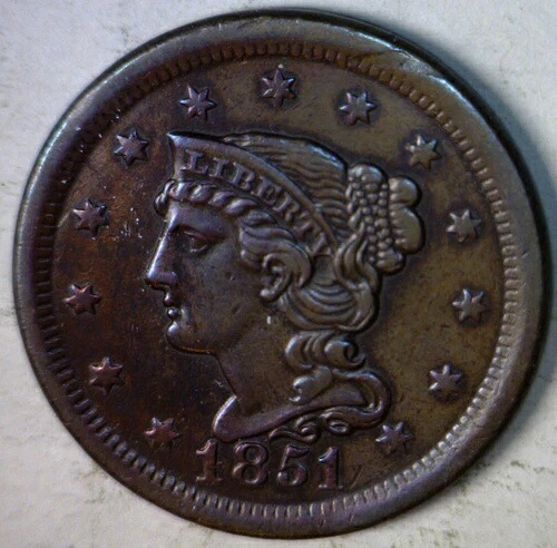 1851年 編み込みヘア ラージ AU セント US 銅貨 ロット #3 NR