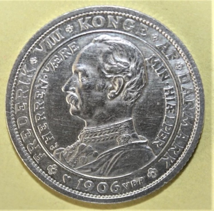 S3 - デンマーク 2クローネ 1906年 ブリリアント未流通銀貨 - クリスチャン9世