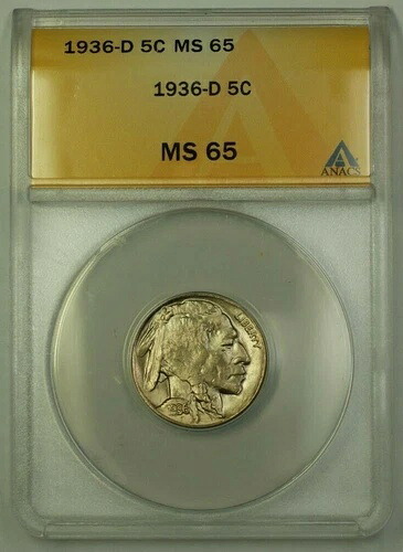1936-D 米国バッファローニッケル5セントコイン ANACS MS-65 Gem