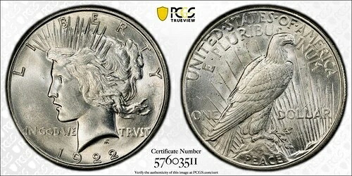 1922年 Sピース銀貨 $1 PCGS MS 63