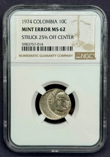 コロンビア - 10セント - 1974年 ミントエラー NGC MS 62 25%オフセンター