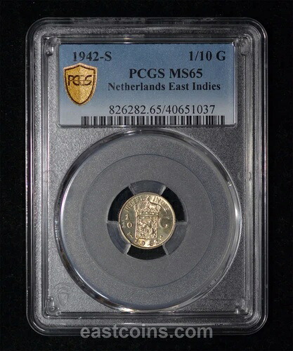 PCGS MS65 1942-S オランダ東インド諸島 1/10 グルデン、サンフランシスコ造幣局。 KM-318
