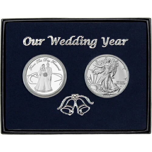 SilverTowneのOur Wedding Year 1オンスシルバーカップルラウンド＆SAE BUコインギフトセット
