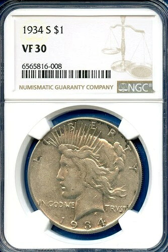 1934 S NGC VF30 ピースシルバードル 1ドル 米国造幣局 希少キーデイトコイン 1934-S VF-30