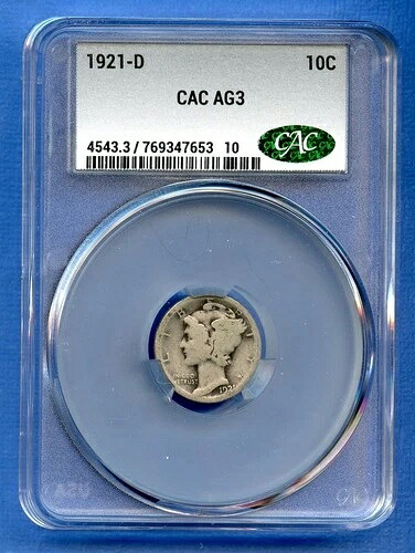 1921 D CAC AG3 マーキュリーダイム 10セント 米国造幣局 銀貨 レアキー 1921-D AG-03 CACG
