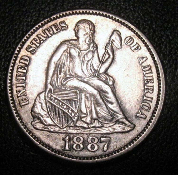 古いアメリカのコイン 1887年 銀貨 自由の女神 着席像 高級チョイスダイム