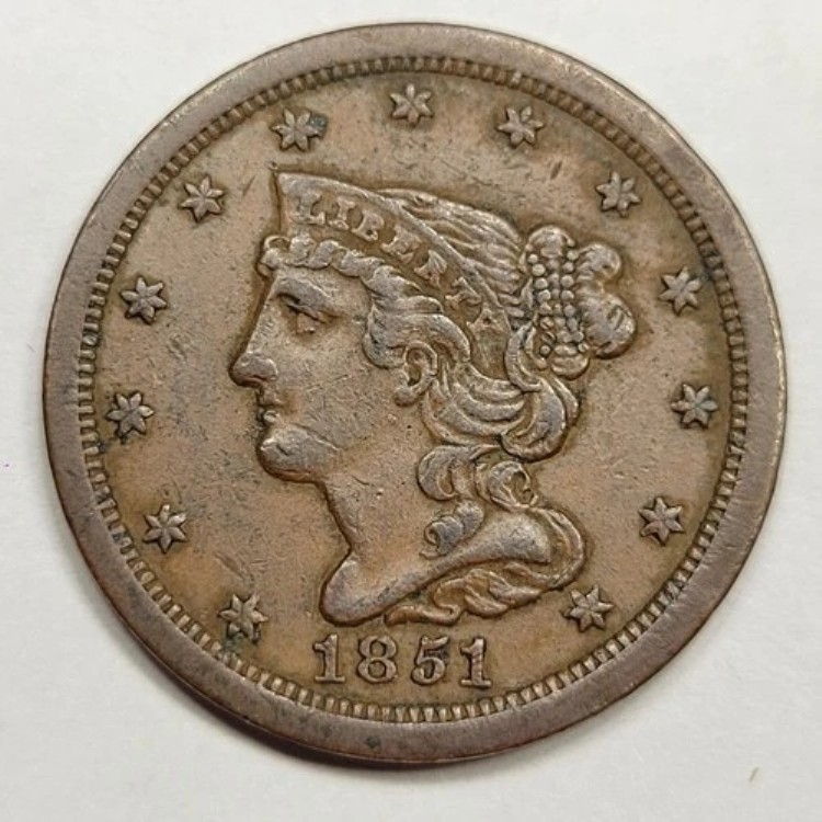 1851年 1/2セント 編み込みヘア ハーフセント 流通品 良質タイプコイン *K293