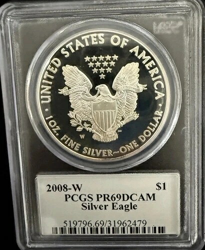 2008-W プルーフ シルバー イーグル PCGS PR69 マーカンティ サイン入り 旗ラベル - オレンジ色