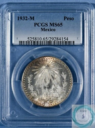 1932年-M メキシコ シルバー ウンペソ PCGS MS65 - 光沢のあるヴィンテージトーン