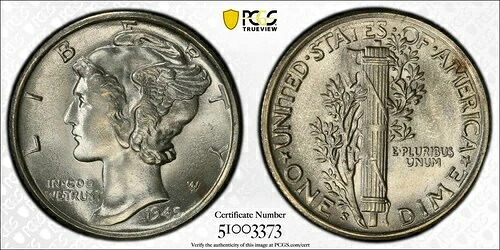 1945-S マーキュリーダイム 10セント 10C PCGS MS66+ グレード ミントステートプラス