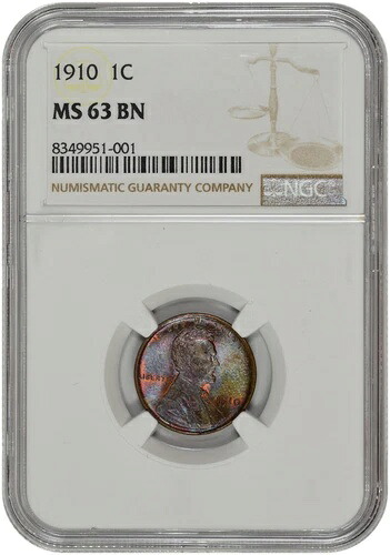 1910年 1セント リンカーン ウィート セント NGC MS 63 BN トーニング付き
