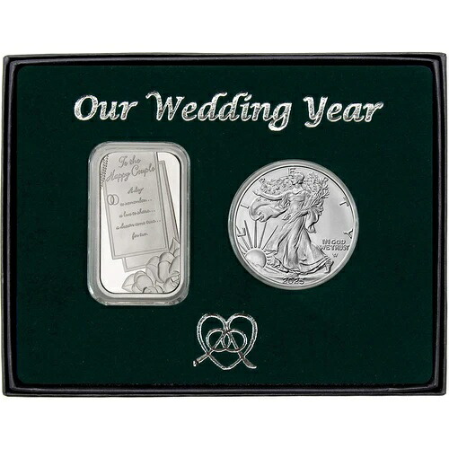 SilverTowneのOur Wedding Year 1オンスシルバーバー＆シルバーイーグルBUコインギフトセット