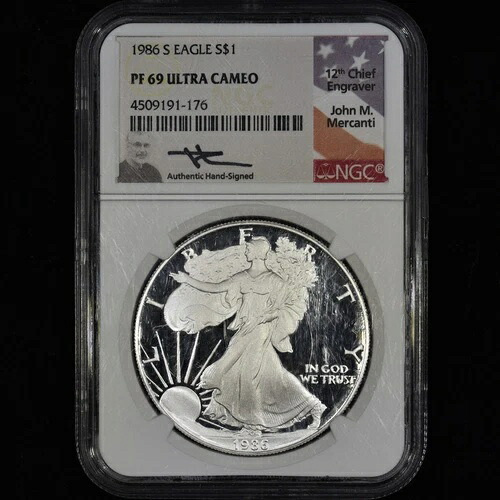 1986-S 1ドル プルーフ シルバー イーグル ? NGC PF-69 ? コイン ジョン・マーカンティ サイン入り B