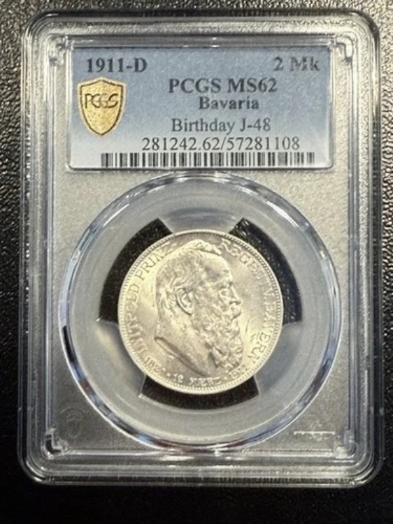 1911年 ドイツ 銀貨 2 マルク バイエルン 摂政ルイトポルト公 誕生日 PCGS MS 62