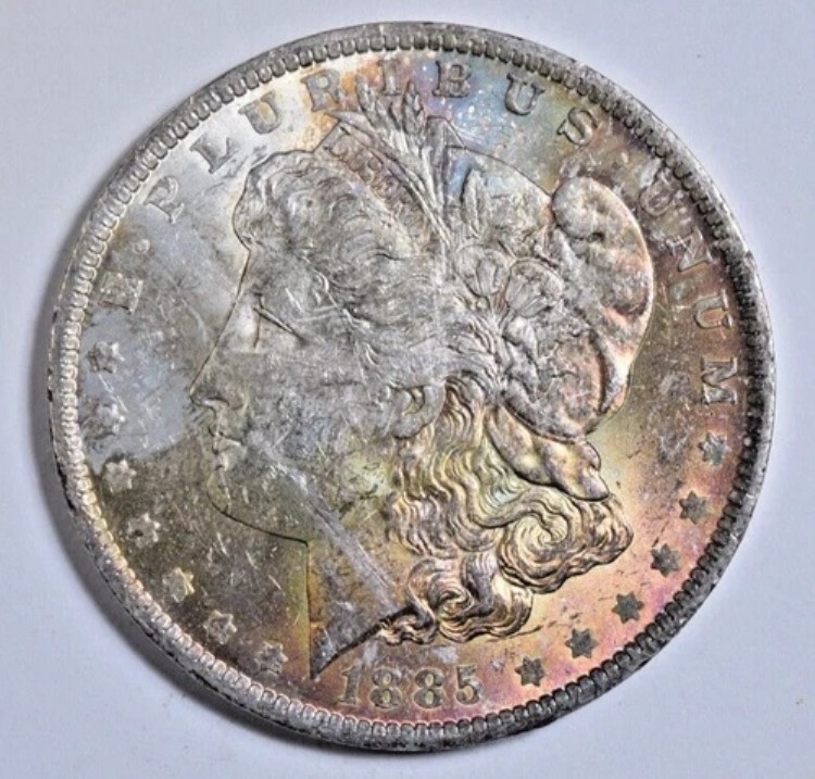 1885-O モルガン・ダラー ~ 美しい青、黄、金、ローズトーン、未使用！INV#10 80,465円