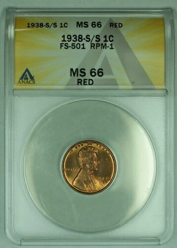 1938年S/Sリンカーンウィートセント1セントコイン FS-501 ANACS MS 66 RD (20)