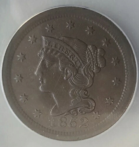 1852年製 編み込みヘア ラージセント、状態良好、ANACSグレード AU 50。C106