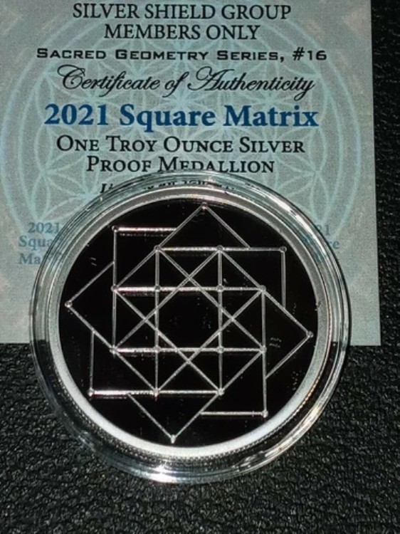 1オンス .999 シルバー スクエアマトリックス プルーフシルバーシールドボックス COA 神聖幾何学