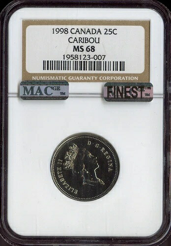 1998年カナダ25セント25セントカリブーNGC MS68 MAC品質 63,525円