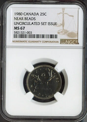 1980年カナダ25セント ニアビーズ NGC MS67品質