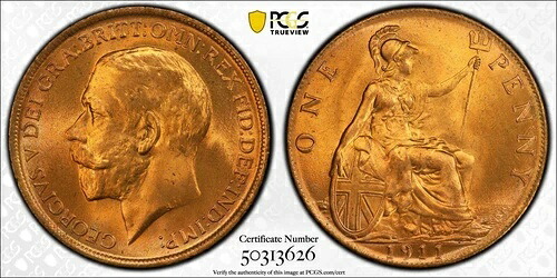 1911年 ペニー 1ペンス PCGS MS65 RD イギリス ジョージ5世 5th 未使用｜WORLD RESOURCE【KING店】
