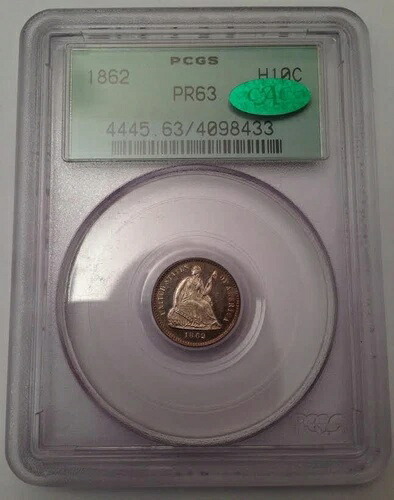1862年 リバティ・シーテッド・プルーフ ハーフダイム - PCGS OGH PR63、CAC承認 - 外観 65 CAM