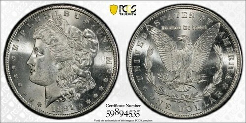 1891年 S モーガン銀貨 PCGS MS-64 CAC