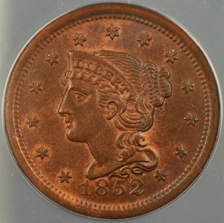 1852 年 編み込みヘア ラージ セント 1 セント ANACS MS-64 RB レッド ブラウン *非常に良い BU* B. 388,080円