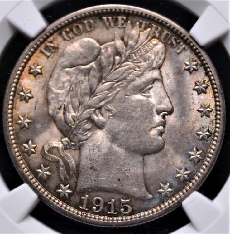 1915年 D バーバー ハーフダラー NGC MS 63 美しい銀色のミントブルームとアンバーローズ