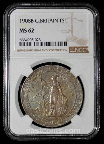 MS62 1908-B 英国貿易ドル(トーンあり)