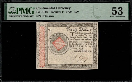 CC-92 大陸通貨 - 1779年1月14日 20ドル - グレード PMG 53