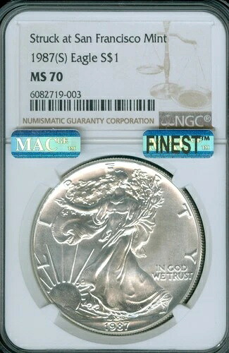 1987 (S) シルバー イーグル NGC MS70 MAC ファイネスト レジストリ MAC スポットレス ロー ポップ レア。