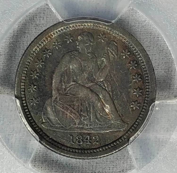 1842-O シーティング・リバティ・ダイム。PCGS AU 詳細。美しい。