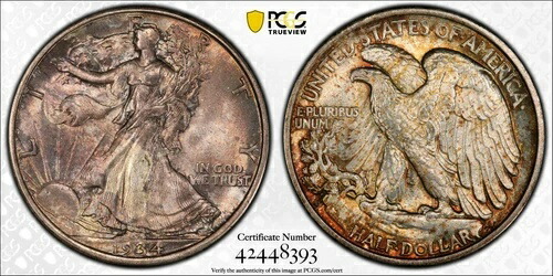 1934年 D ウォーキング リバティ ハーフ ダラー PCGS MS 65 美しいライラック＆アンバー ジェム セミキー