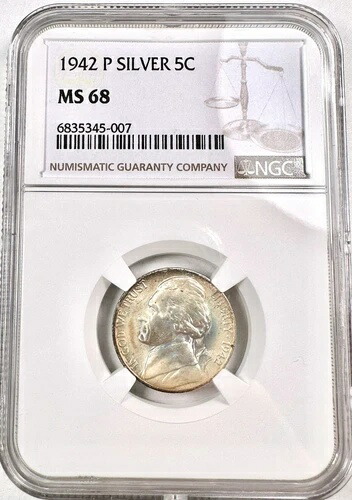1942 年 シルバー ジェファーソン ニッケル NGC MS-68 ~ 巨大な登録スコア!