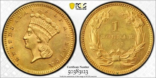 1862年 P インディアン プリンセス ラージヘッド ゴールド ドル PCGS MS-63