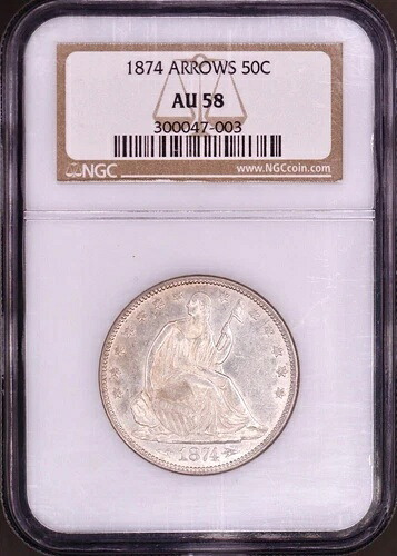 1874年製 アローズ シーテッド リバティ ハーフダラー NGC AU58 - フラッシー ブラスト ホワイト PQ
