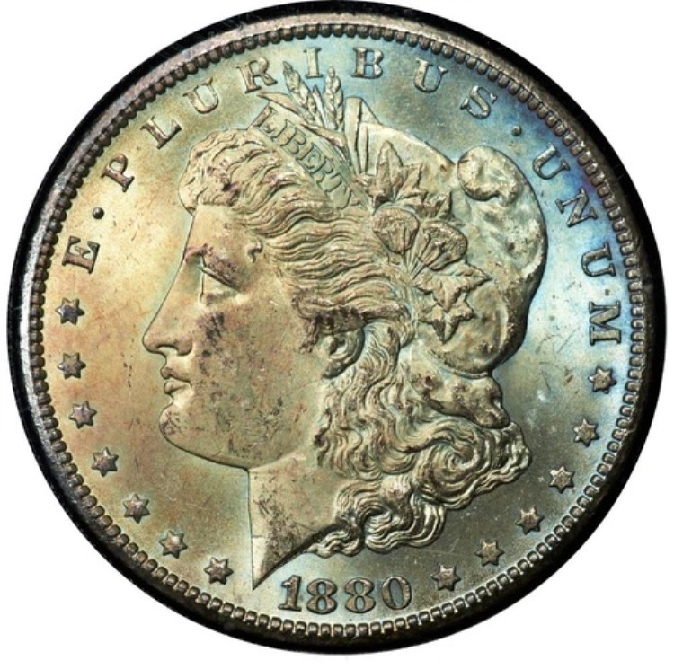 1880年-CC モルガン・ダラー GSA MS63 NGC 美しい色合いのゴールデンブルーカスケード