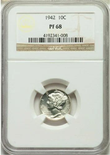 1942年 マーキュリーダイム シルバー 10セント プルーフ 68 NGC フィラデルフィア造幣局