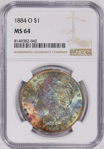 1884 O モルガン・ダラー NGC MS64 レインボートーン ロールエンドパターン モンスターカラー