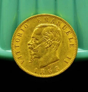 1863年 T-BN イタリア 20リラ 90%金 XF/AU