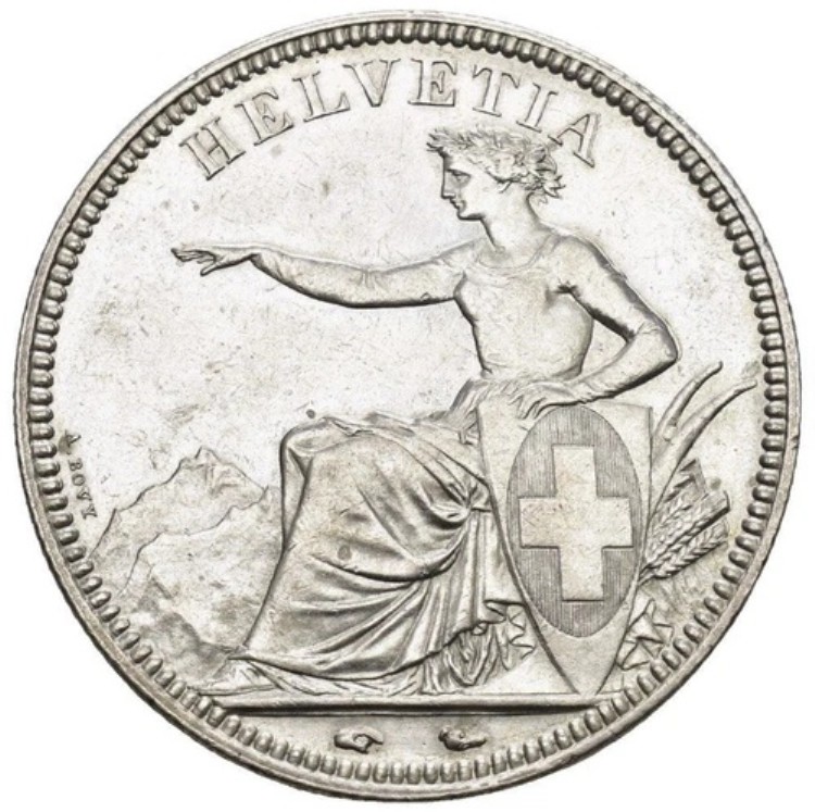 スイス 1850年 5フラン ヘルヴェティア座像、オリジナルトーン