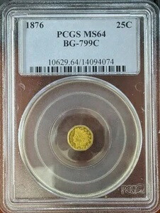 1876年 P テリトリアルゴールド カリフォルニア $.25 八角形インディアンヘッド PCGS MS-64 BG-799C