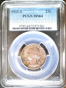 1932年 S 25C ワシントン クォーター、PCGS MS 64、キー日付、魅力的な色調、ニアジェム｜WORLD RESOURCE【KING店】