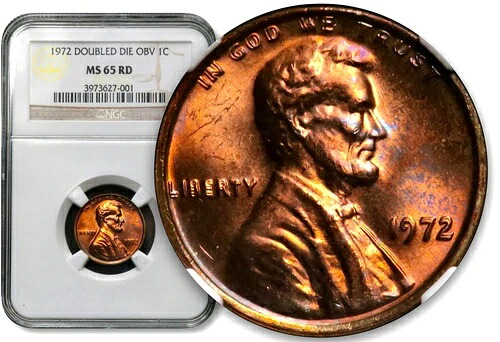 1972年 1C ダブルダイ 表面 リンカーンセント - NGC MS 65 RD 虹彩調 CC844