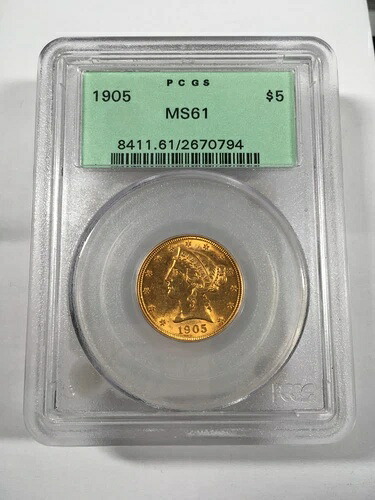1905年 5ドル金貨 リバティハーフイーグル PCGS OGH グリーンラベルホルダー MS61 4XCH25｜WORLD RESOURCE【KING店】