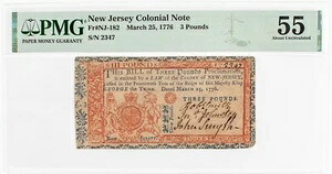 Fr. NJ-182、1776年3月25日、3ポンド、ニュージャージー植民地通貨、PMG 55