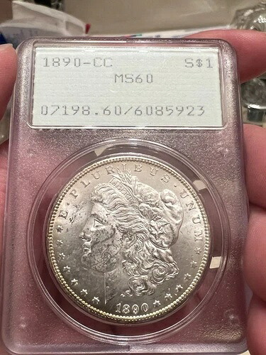 1890-CC MS60 モルガン銀貨 PCGS 認定 1st Gen Holder「RATTLER」