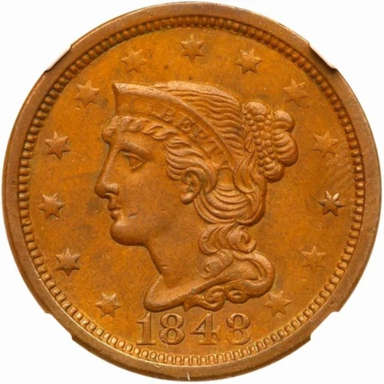 1848 N-37 R-5- NGC MS 63 BN 編み込みヘア ラージセントコイン 1セント