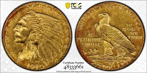 1910年 P ゴールド クォーターイーグル $2 1/2 インディアンヘッド PCGS MS-62 カラー